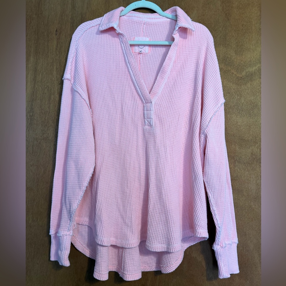 Aerie Soft bubblegum Barbie Pink Waffle Knit Top size large oversized